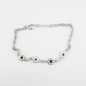 Bratara pentru Copii, Jolie, Argint 925, Model Floare cu Piatra, cu Email si Zirconiu, 22 cm/4.4g Argintiu/Verde
