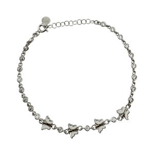 Bratara pentru Copii, Jolie, Argint 925, Model Fluture, cu Email si Zirconiu, 22 cm/4.4g Argintiu/Alb